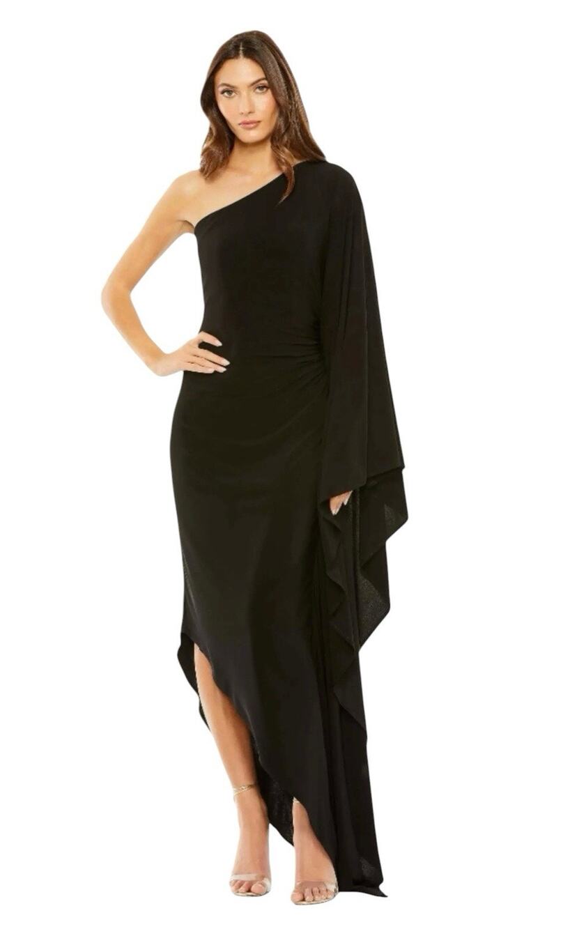 Mac Duggal 20673 Black One Shoulder Cape Sleeve Jersey Gown Size L $398